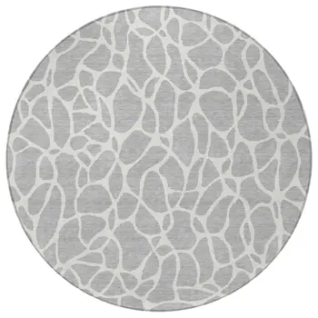 8' Silver And Ivory Round Geometric Washable Indoor Outdoor Area Rug