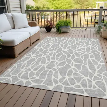 9' X 12' Silver And Ivory Geometric Washable Indoor Outdoor Area Rug