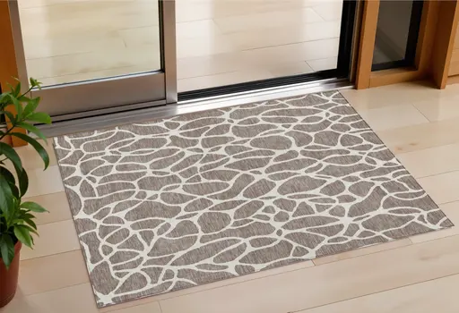 3' X 5' Taupe And Ivory Geometric Washable Indoor Outdoor Area Rug