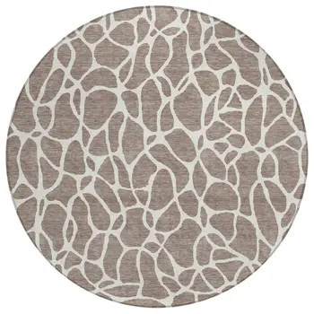 8' Taupe And Ivory Round Geometric Washable Indoor Outdoor Area Rug