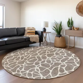 8' Taupe And Ivory Round Geometric Washable Indoor Outdoor Area Rug