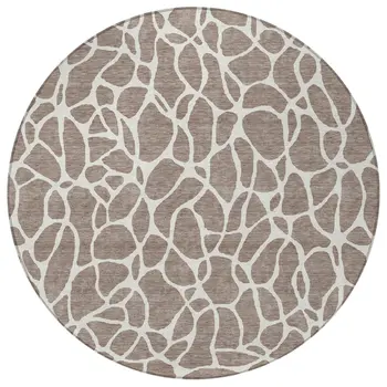 8' Taupe And Ivory Round Geometric Washable Indoor Outdoor Area Rug