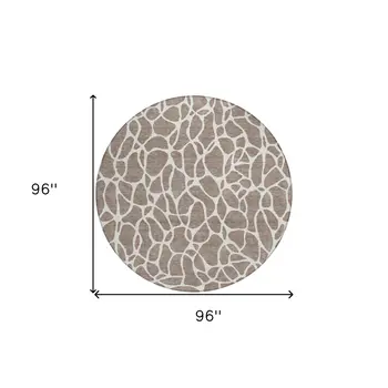 8' Taupe And Ivory Round Geometric Washable Indoor Outdoor Area Rug