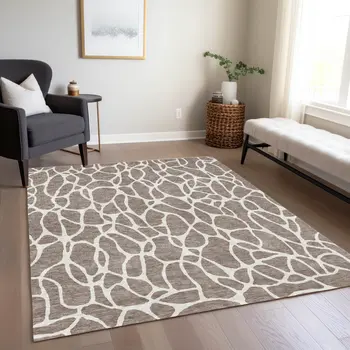 8' X 10' Taupe And Ivory Geometric Washable Indoor Outdoor Area Rug