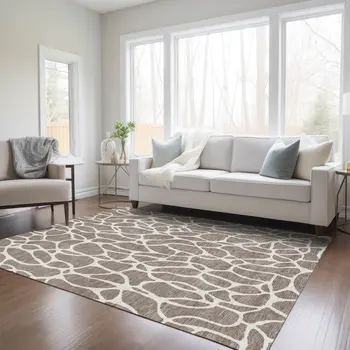 8' X 10' Taupe And Ivory Geometric Washable Indoor Outdoor Area Rug