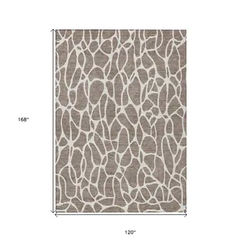 10' X 14' Taupe And Ivory Geometric Washable Indoor Outdoor Area Rug