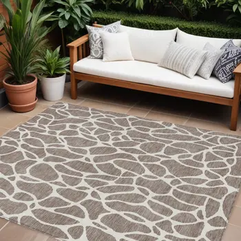 10' X 14' Taupe And Ivory Geometric Washable Indoor Outdoor Area Rug