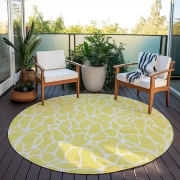 8' Yellow And Ivory Round Geometric Washable Indoor Outdoor Area Rug