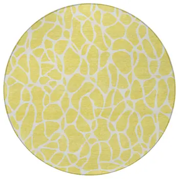 8' Yellow And Ivory Round Geometric Washable Indoor Outdoor Area Rug
