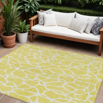 9' X 12' Yellow And Ivory Geometric Washable Indoor Outdoor Area Rug