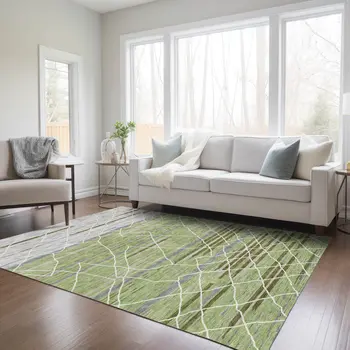 3' X 5' Artichoke Green And Ivory Striped Washable Indoor Outdoor Area Rug
