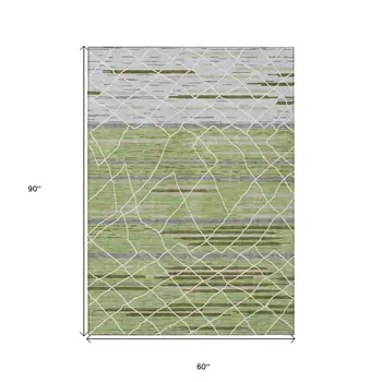 5' X 8' Artichoke Green And Ivory Striped Washable Indoor Outdoor Area Rug