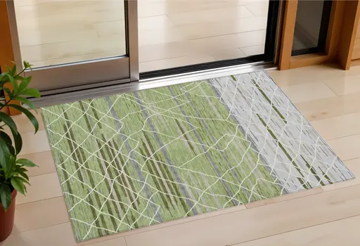5' X 8' Artichoke Green And Ivory Striped Washable Indoor Outdoor Area Rug
