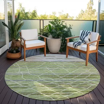 8' Artichoke Green And Ivory Round Striped Washable Indoor Outdoor Area Rug