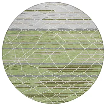 8' Artichoke Green And Ivory Round Striped Washable Indoor Outdoor Area Rug