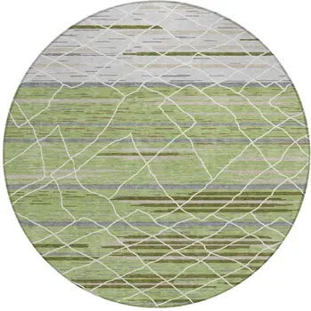 8' Artichoke Green And Ivory Round Striped Washable Indoor Outdoor Area Rug