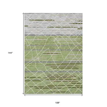 9' X 12' Artichoke Green And Ivory Striped Washable Indoor Outdoor Area Rug