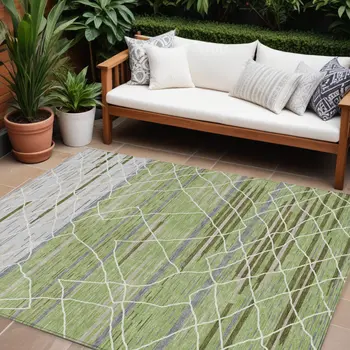9' X 12' Artichoke Green And Ivory Striped Washable Indoor Outdoor Area Rug