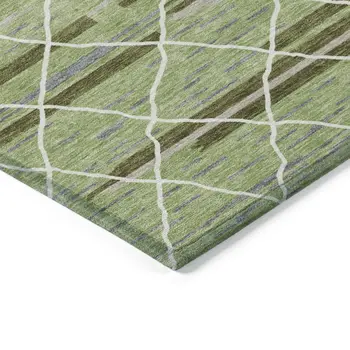 9' X 12' Artichoke Green And Ivory Striped Washable Indoor Outdoor Area Rug