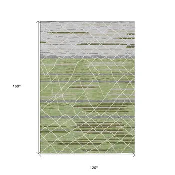 10' X 14' Artichoke Green And Ivory Striped Washable Indoor Outdoor Area Rug