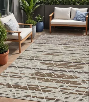 5' X 8' Beige Brown And Ivory Striped Washable Indoor Outdoor Area Rug