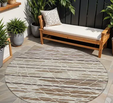 8' Beige Brown And Ivory Round Striped Washable Indoor Outdoor Area Rug