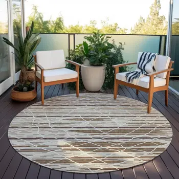 8' Beige Brown And Ivory Round Striped Washable Indoor Outdoor Area Rug