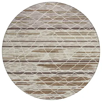 8' Beige Brown And Ivory Round Striped Washable Indoor Outdoor Area Rug