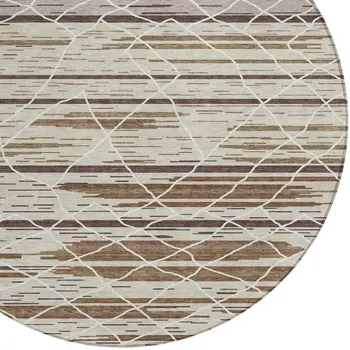 8' Beige Brown And Ivory Round Striped Washable Indoor Outdoor Area Rug