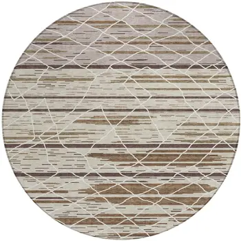 8' Beige Brown And Ivory Round Striped Washable Indoor Outdoor Area Rug
