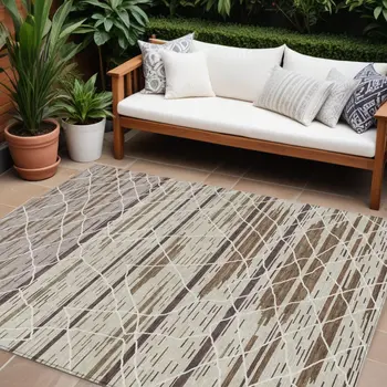 9' X 12' Beige Brown And Ivory Striped Washable Indoor Outdoor Area Rug