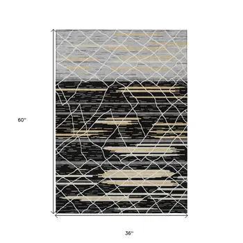 3' X 5' Black Gray And Ivory Striped Washable Indoor Outdoor Area Rug