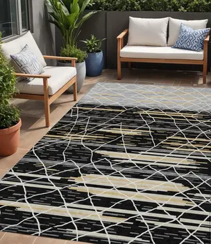 5' X 8' Black Gray And Ivory Striped Washable Indoor Outdoor Area Rug