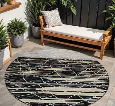 8' Black Gray And Ivory Round Striped Washable Indoor Outdoor Area Rug