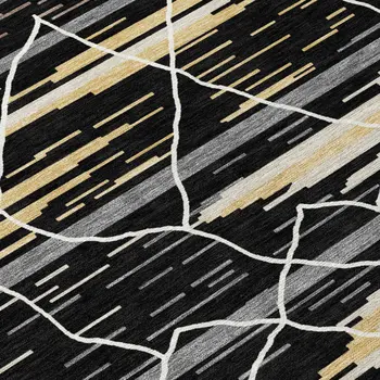 8' Black Gray And Ivory Round Striped Washable Indoor Outdoor Area Rug