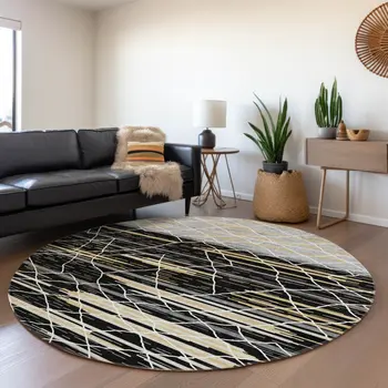 8' Black Gray And Ivory Round Striped Washable Indoor Outdoor Area Rug