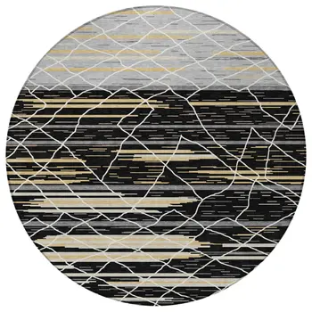 8' Black Gray And Ivory Round Striped Washable Indoor Outdoor Area Rug