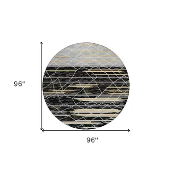 8' Black Gray And Ivory Round Striped Washable Indoor Outdoor Area Rug