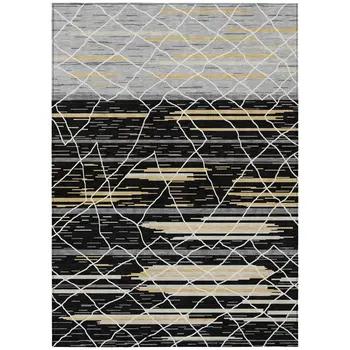 8' X 10' Black Gray And Ivory Striped Washable Indoor Outdoor Area Rug