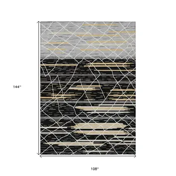 9' X 12' Black Gray And Ivory Striped Washable Indoor Outdoor Area Rug