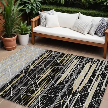 9' X 12' Black Gray And Ivory Striped Washable Indoor Outdoor Area Rug