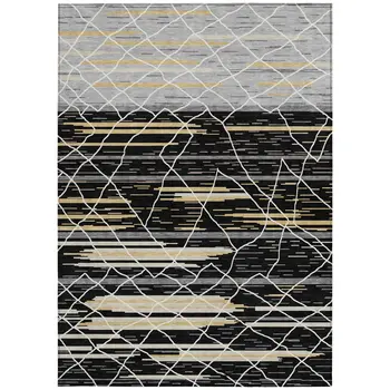 10' X 14' Black Gray And Ivory Striped Washable Indoor Outdoor Area Rug