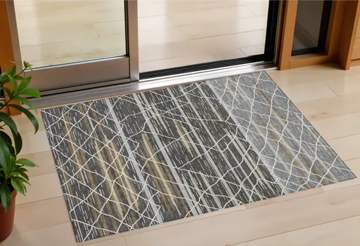 3' X 5' Charcoal Gray And Ivory Striped Washable Indoor Outdoor Area Rug