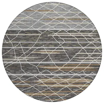 8' Charcoal Gray And Ivory Round Striped Washable Indoor Outdoor Area Rug