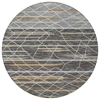 8' Charcoal Gray And Ivory Round Striped Washable Indoor Outdoor Area Rug