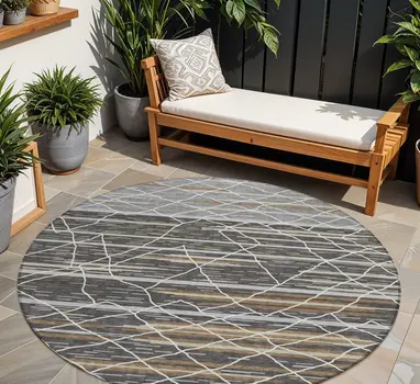 8' Charcoal Gray And Ivory Round Striped Washable Indoor Outdoor Area Rug