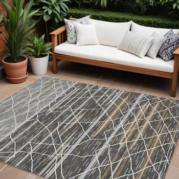 9' X 12' Charcoal Gray And Ivory Striped Washable Indoor Outdoor Area Rug
