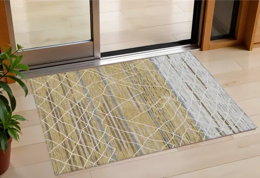 3' X 5' Gold Gray And Ivory Striped Washable Indoor Outdoor Area Rug