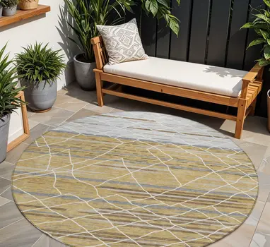 8' Gold Gray And Ivory Round Striped Washable Indoor Outdoor Area Rug