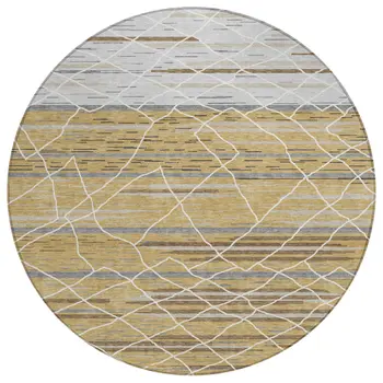 8' Gold Gray And Ivory Round Striped Washable Indoor Outdoor Area Rug